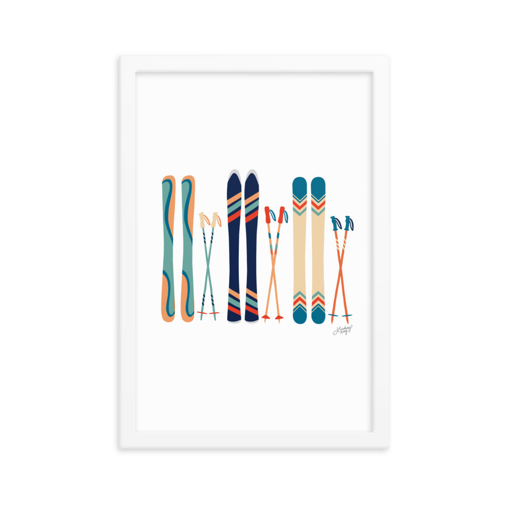 Ilustración de esquí (paleta verde azulado/naranja) - Lámina enmarcada